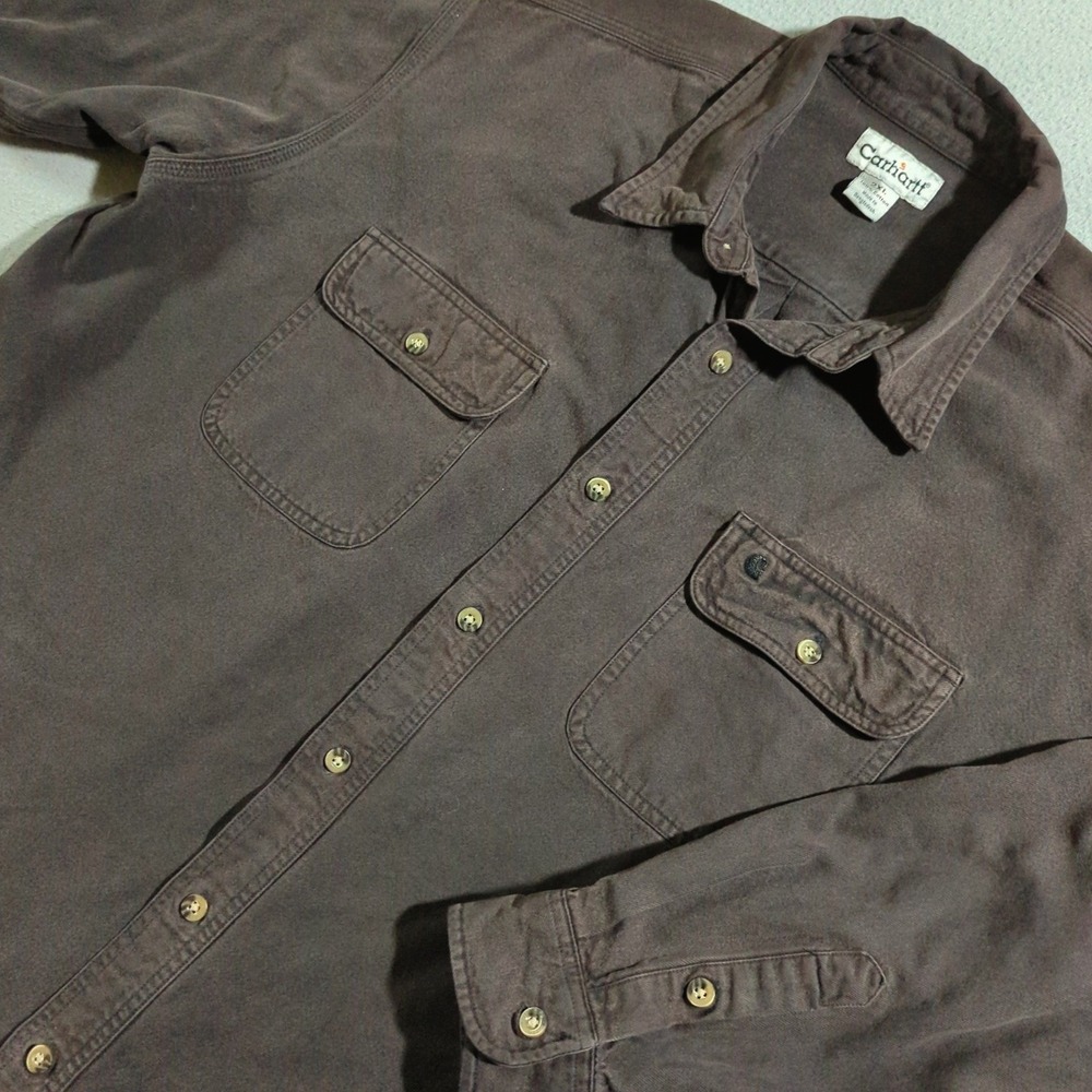 Carhartt Mens S215 Heavyā Work Shirt 2XL Brown Long Sleeve Button Up Faded